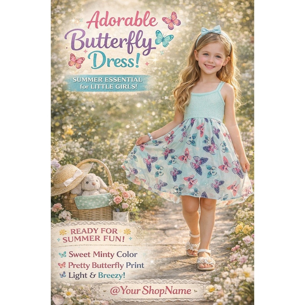 RMLA Girls Mint Green Butterfly Print Handkerchief Hem Summer Dress Size 7